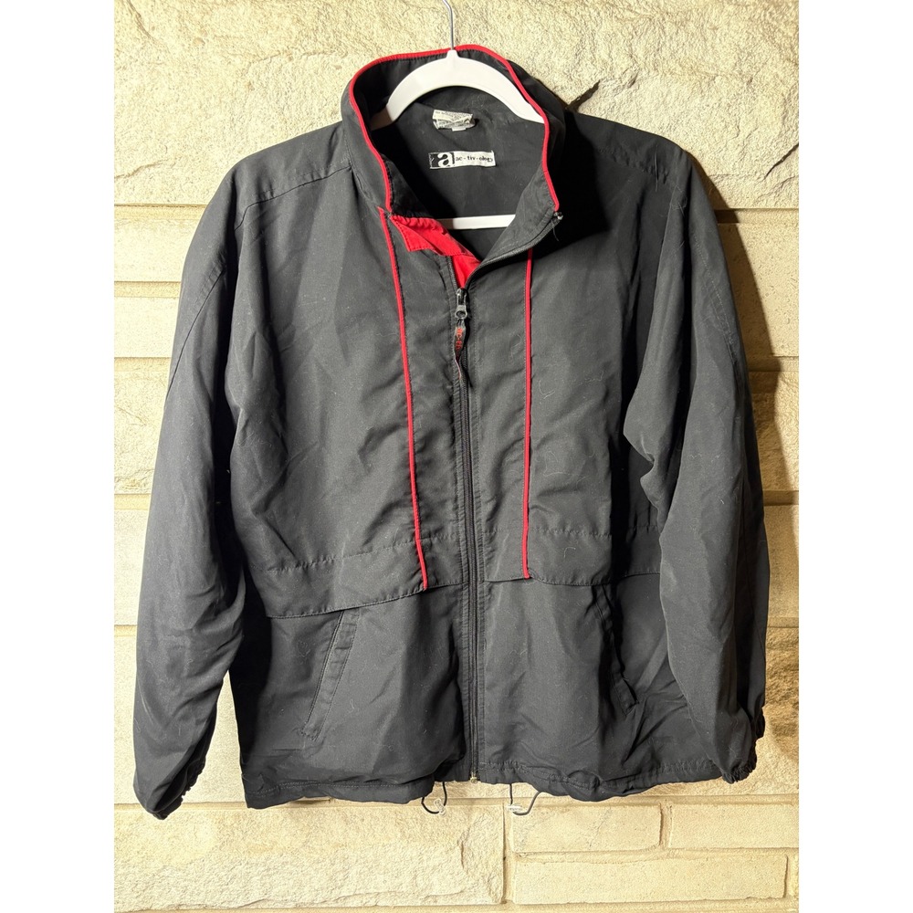Activ-ology Mens Large Black Windbreaker Jacket Red Trim Full Zip Sporty Coat